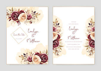 Red and beige rose wedding invitation card template with flower and floral watercolor texture vector