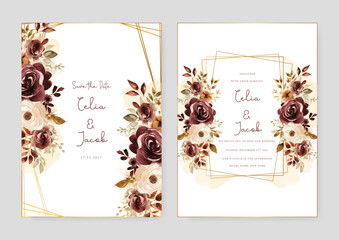 Brown and beige rose and poppy modern wedding invitation template with floral and flower
