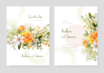Orange and white cosmos and rose beautiful wedding invitation card template set with flowers and floral - obrazy, fototapety, plakaty