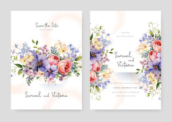 Red and purple violet rose and cosmos set of wedding invitation template with shapes and flower floral border