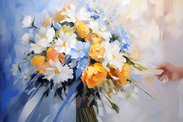 Wedding bouquet. Impressionism style oil painting.