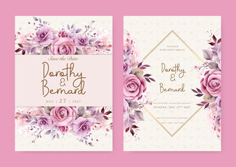 Pink and purple violet rose rose wedding invitation card template with flower and floral watercolor texture vector