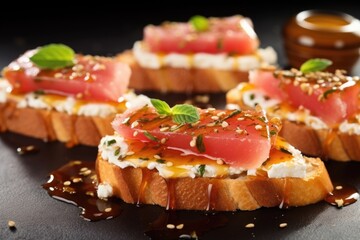 slices of bruschetta with ricotta and honey drizzle, close-up