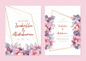 Pink and purple violet rose vector wedding invitation card set template with flowers and leaves watercolor