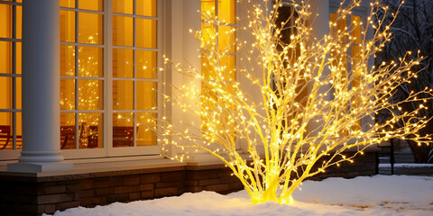 A small tree with garlands decorated with lights in front of a house in a snow-covered yard