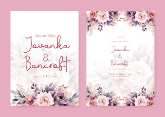Beige orange and purple violet rose and peony rustic vector elegant watercolor wedding invitation floral design