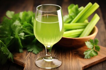 close up of celery juice in wine glass on wooden table