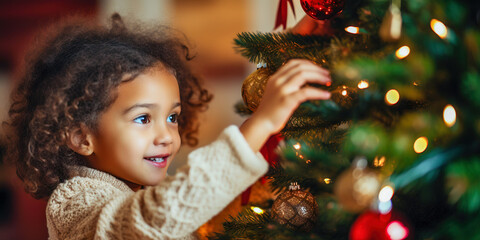 Little girl decorating christmas tree with toys and baubles. Cute kid preparing home for xmas celebration.