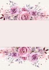 Pink white and purple violet vector frame with foliage pattern background with flora and flower