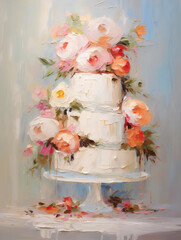 Wedding cake. Impressionism style oil painting.