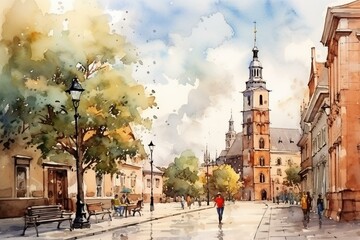 Scenic street in ancient Krakow, Poland with a charming church in the backdrop, depicted in watercolor. Generative AI - obrazy, fototapety, plakaty