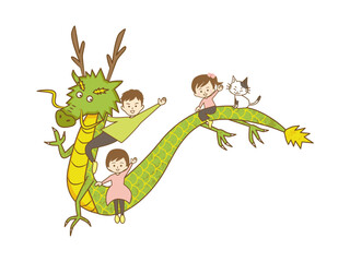 龍の背中に乗った3人家族とネコ(文字なし女の子)