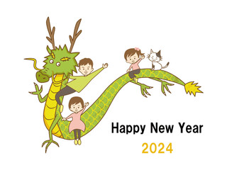 龍の背中に乗った3人家族とネコ(女の子)