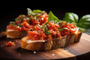 closeup shot catching the texture of a slice of tomato bruschetta