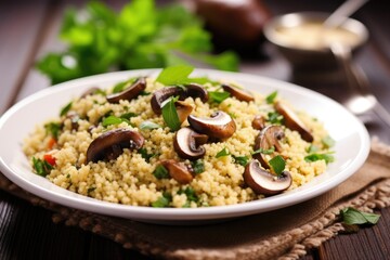 plate of couscous salad with a focus on mushrooms