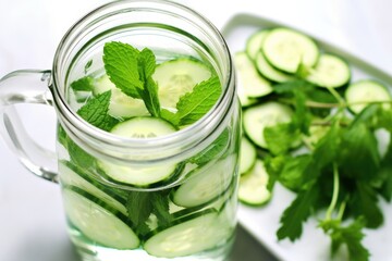 close-up of cucumber slices and mint in a clear water-filled jug