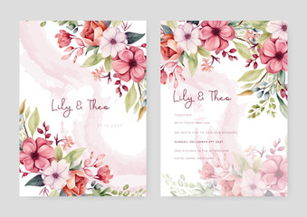 Pink and red sakura and cosmos elegant wedding invitation card template with watercolor floral and leaves