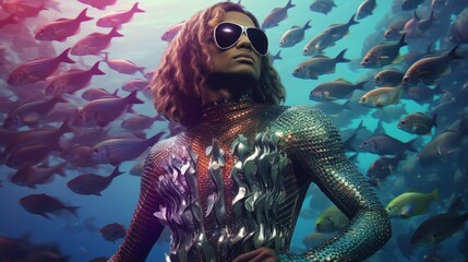 A man in a body suit and sunglasses standing in front of a school of fish