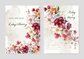 Red beige and orange cosmos beautiful wedding invitation card template set with flowers and floral