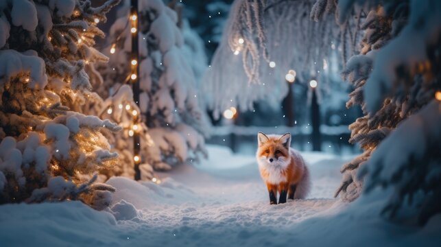 A fox standing in the middle of a snowy forest