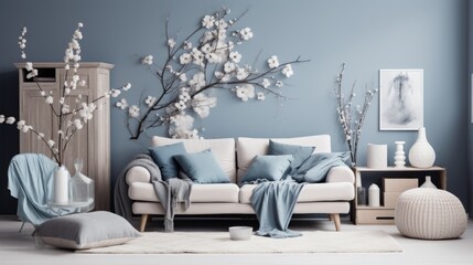A living room with blue walls and white furniture
