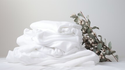 A pile of white towels sitting on top of a bed - Powered by Adobe