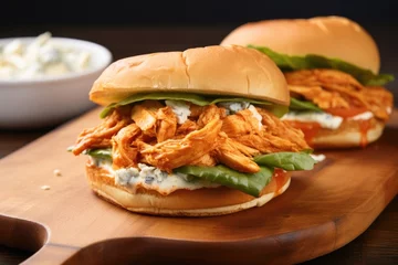 Abwaschbare Fototapete buffalo chicken sandwich with lettuce and tomatoes © Alfazet Chronicles
