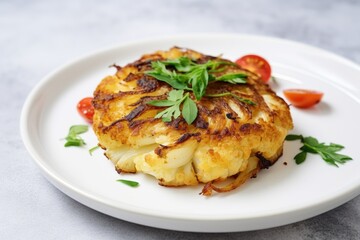 one cauliflower steak on a white ceramic plate