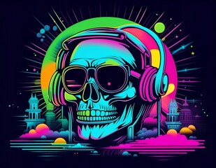 1970s style vintage neon poster style skull illustration, suitable as a t-shirt design
