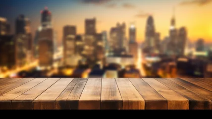  The empty wooden table top with blur background of cityscape. Exuberant image. generative AI © Summit Art Creations