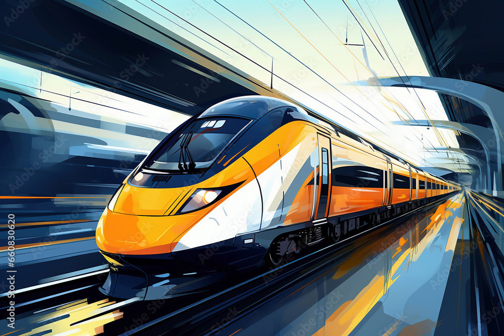 Poster modern high-speed train moves in the tunnel. blur effect from a fast moving train. selective focus. 