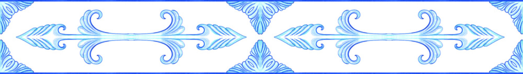 Fototapeta na wymiar Horizontal seamless ceramic traditional tiles. Italian retro pattern in blue colors. Spanish azulejo and Sicilian majolica watercolor border.