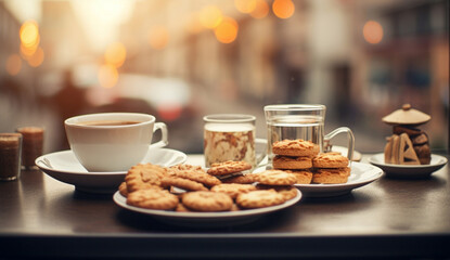 Delicious food dessert drink biscuits brown cookies cup breakfast sweet
