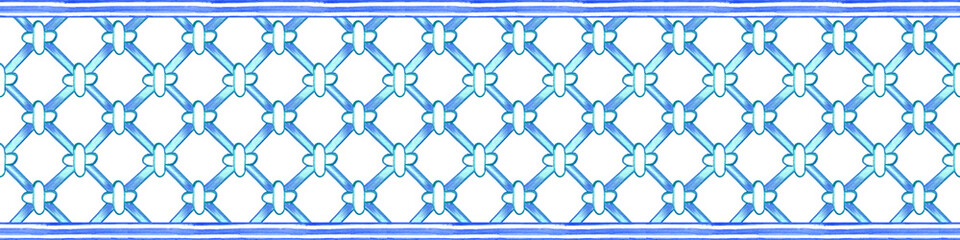 Horizontal seamless ceramic traditional tiles. Italian retro pattern in blue colors. Spanish azulejo and Sicilian majolica watercolor border.