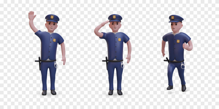 Collection of policeman group in different positions. Cop guard person holds hand near head and salutes, greets others and running. Justice and law concept. Vector illustration