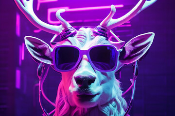 Neon cyberpunk futuristic portrait in pop art style of white reindeer with large strong horns and...
