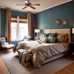 interior house bedroom color blue, brown and beige
