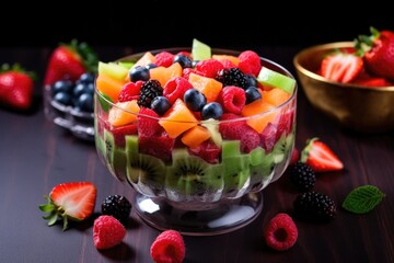 avocado and berry mixed fruit salad in a crystal bowl