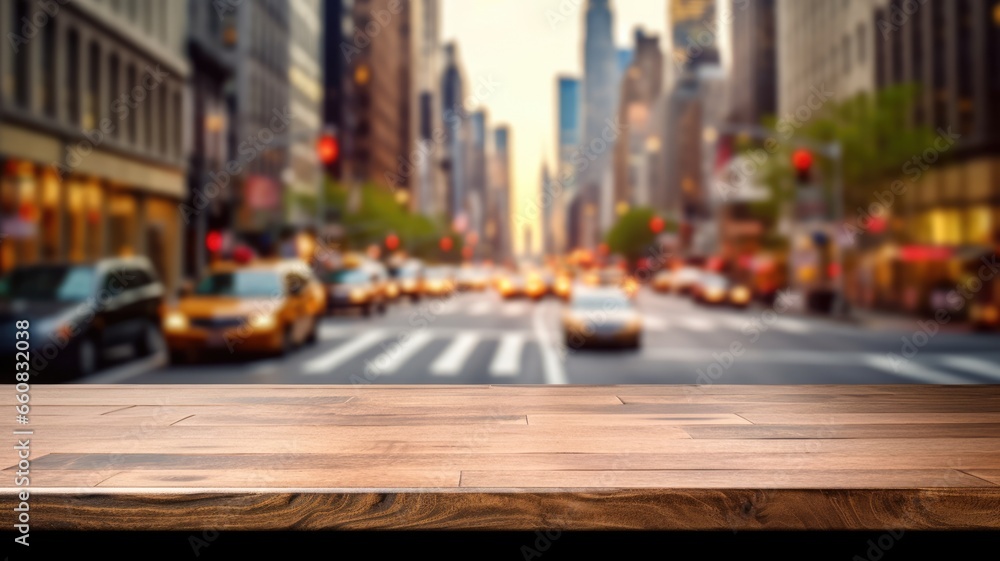 Aufkleber the empty wooden table top with blur background of nyc street. exuberant image. generative ai
