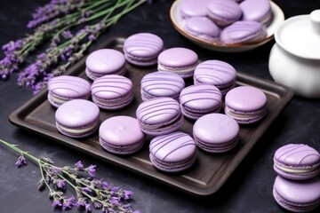 Obraz na płótnie Canvas rows of lavender macarons on a slate tray