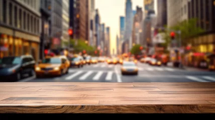 Keuken foto achterwand New York taxi The empty wooden table top with blur background of NYC street. Exuberant image. generative AI