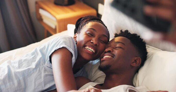 Selfie, kiss and African couple on bed together on social media in bedroom for memory, care and relationship. Morning, online and happy man smile with woman for love on profile picture for mobile app