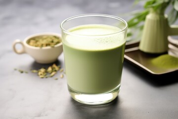green tea matcha latte served in a transparent glass
