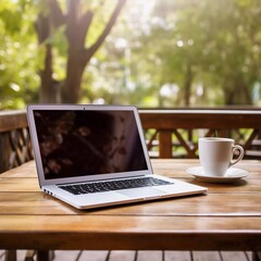 realistic photo Wooden table with white laptop screen and cup of coffee, complemented by blurred page background generated ai
