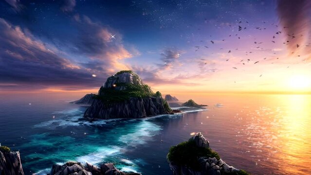 Beautiful view of sunset on an island. Fantasy style anime cartoon illustration. Seamless looping video animation virtual background.