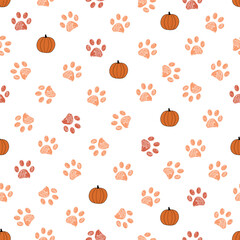 Pumpkins orange colored paw prints seamless pattern
