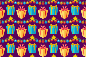 Gift boxes and garlands seamless pattern. Pattern with yellow and blue gift boxes and Christmas lights.