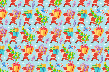 Gnomes carrying gift boxes and Christmas trees, seamless pattern. Cartoon Christmas repeating pattern with gnomes, gifts and candy.