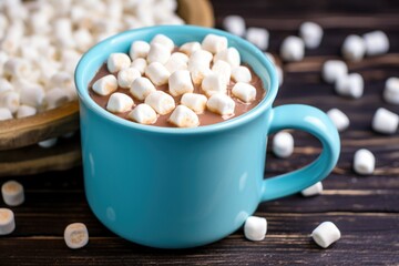 mini marshmallows floating on hot chocolate in a blue mug