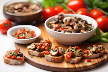 mushroom bruschetta next to a bowl of fresh cherry tomatoes